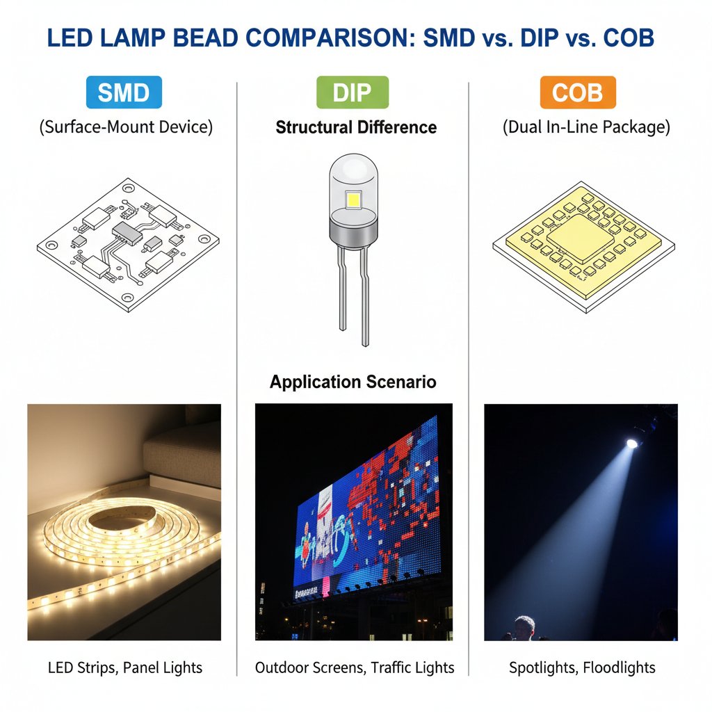 对比SMD、DIP和COB三种LED灯珠的封装结构及其应用场景。
