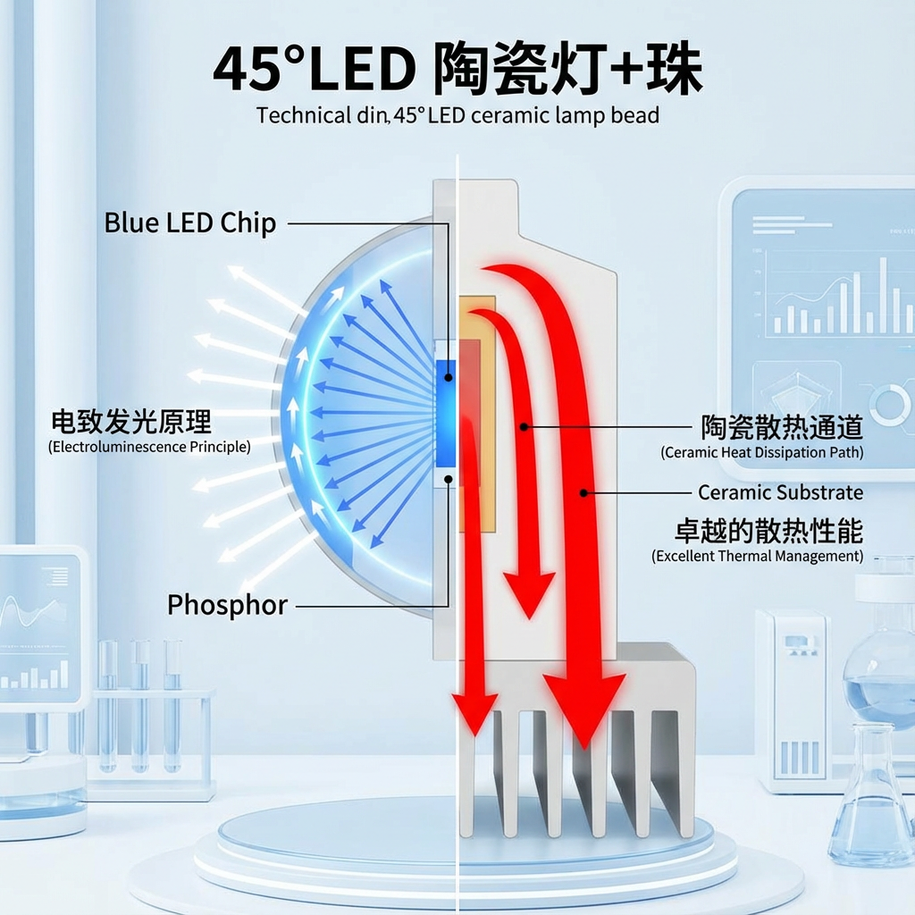 一张技术剖面示意图,展示45°LED发光陶瓷灯珠的工作原理,包括蓝光芯片激发荧光粉产生白光,以及热量通过陶瓷基板迅速传导的散热路径,背景为白色和浅蓝色,标注有电致发光原理和陶瓷散热通道。