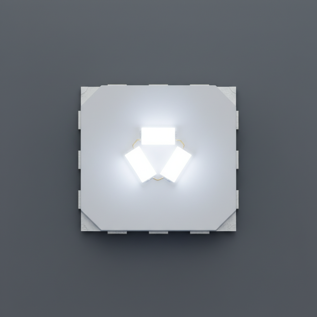 5050白光灯珠特写,展示其5.0mmx5.0mm的SMD封装和内部三芯片结构,发出均匀明亮的白光。