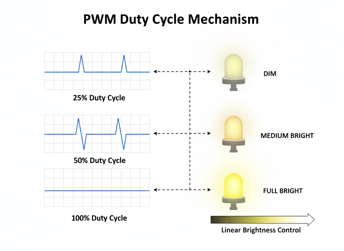 一张清晰的PWM控制原理示意图。画面分为左右两部分：左侧显示不同占空比（25%、50%、100%）的方波波形图；右侧对应显示LED灯珠从微亮到全亮的亮度变化过程，体现脉冲宽度对亮度的线性控制。标注文字：PWM Duty Cycle Mechanism.