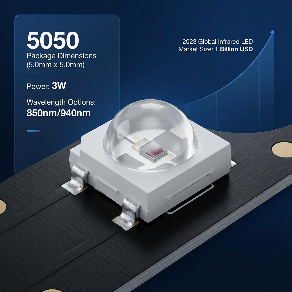 5050IR红外灯珠产品技术解析图，展示了5.0mm x 5.0mm的封装尺寸、3W功率、850nm/940nm波长等核心参数，以及2023年全球红外LED市场规模数据，体现其专业性与市场前景。