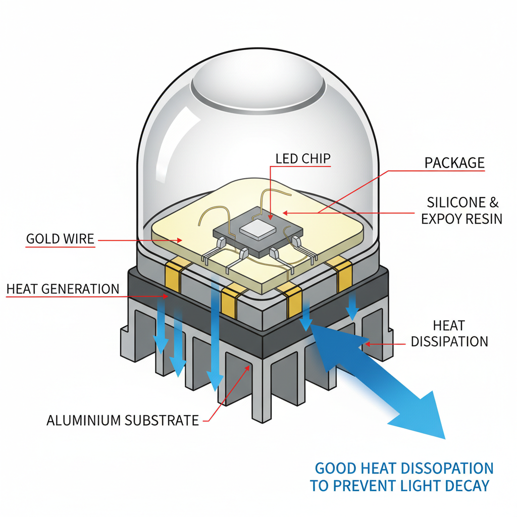大功率LED灯珠的剖面图,清楚展示LED芯片、金线、荧光粉、支架和封装,并示意热量产生与散热路径。