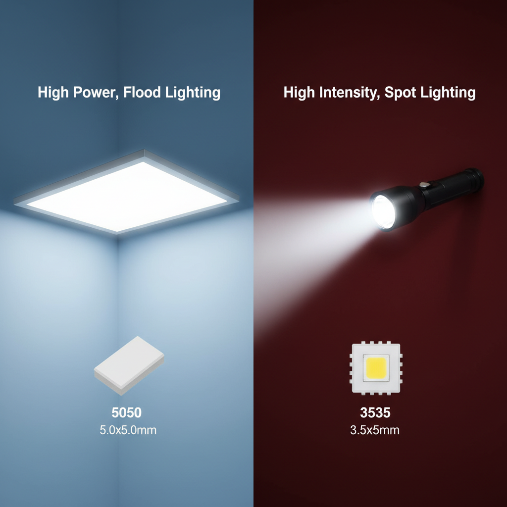 5050陶瓷LED与3535陶瓷LED对比图。左侧5050尺寸大，适合泛光照明；右侧3535尺寸小，适合高光强聚光应用。
