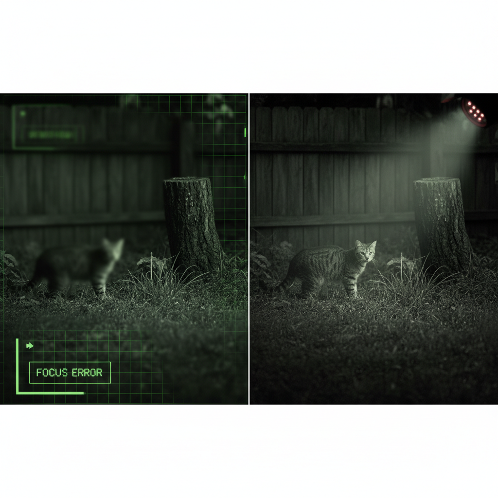 夜间,安防摄像头拍摄到一只模糊的猫,随后在不可见的红外光补光下,猫和周围环境的细节变得清晰可见,展示了远距离红外补光LED灯珠从模糊到清晰的夜视能力。