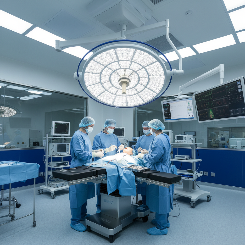 现代化手术室中悬挂着一台设计精良、光线明亮的手术室无影灯,灯盘由多个LED光源组成,发出清晰均匀的光线,模拟手术区域的无影效果,展现专业、洁净和高科技感。