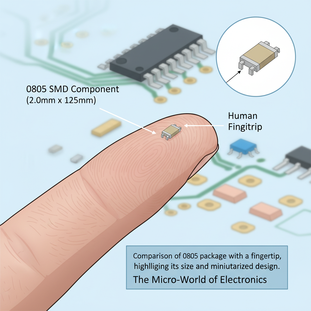 0805封装与手指对比,突出其尺寸与微型化设计。