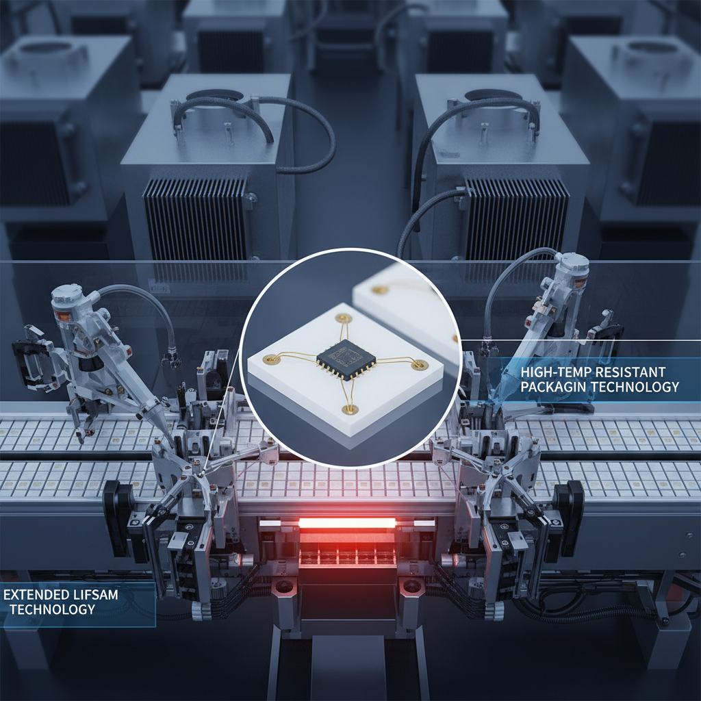俯视角度展示红外LED灯珠的精密封装过程，特写EMC或陶瓷基板上的微型芯片及键合线，周围是自动化设备，突出封装技术对灯珠耐高温和寿命的关键影响。