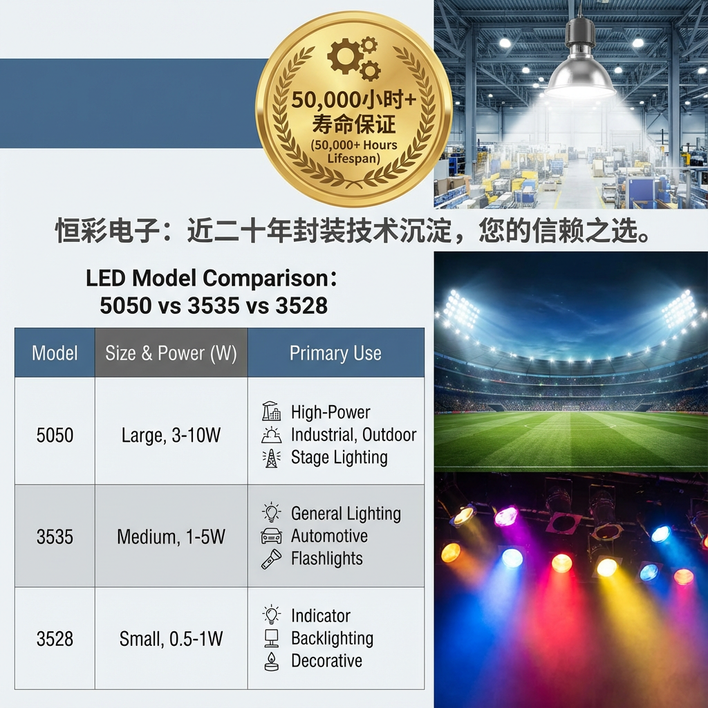 5050、3535、3528陶瓷灯珠的规格对比表格与应用场景图,展示了高寿命保证和恒彩电子的技术实力。