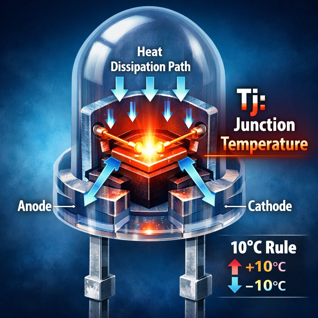直插LED灯珠剖面透视示意图，重点展示内部芯片PN结的橙红色高热量区域，并标注‘Tj: Junction Temperature’（结温），强调温度是影响LED寿命的关键因素
