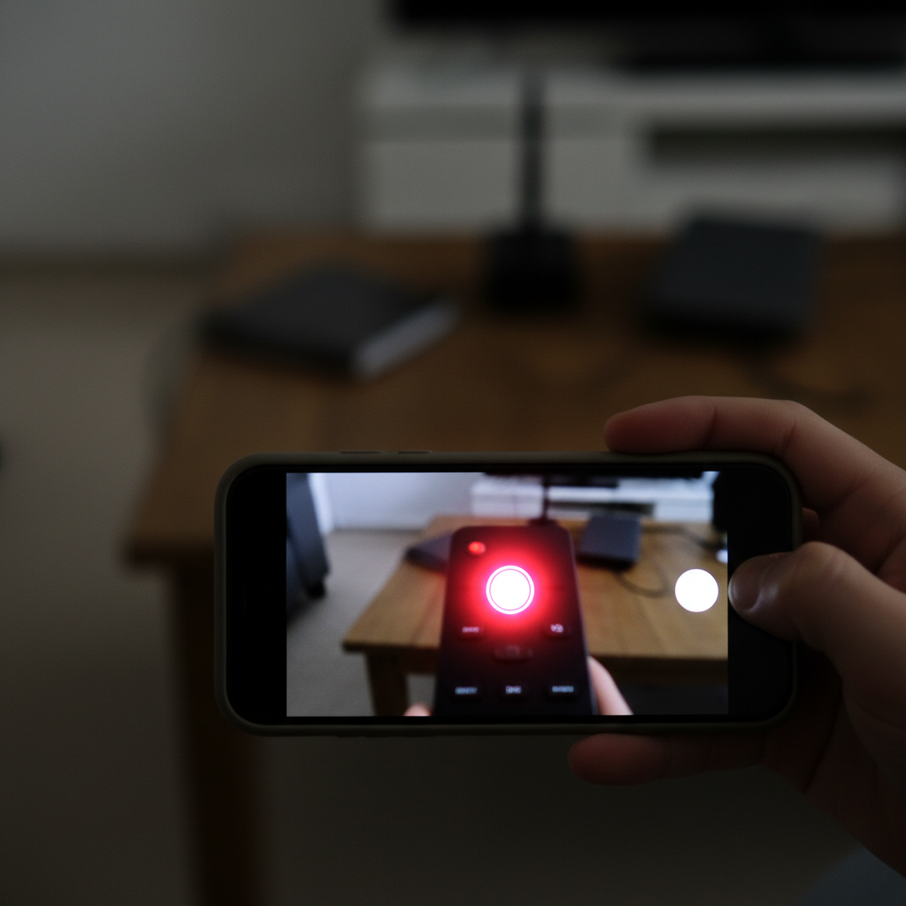 一只手持智能手机,摄像头对准发光的红外LED灯珠。手机屏幕显示一个清晰的紫色或白色亮点,表现用手机摄像头检测红外LED是否正常工作。画面简洁,强调用户实践场景。