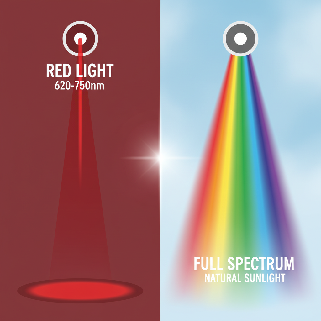 概念图对比红光(聚焦窄波长)和全光谱光(模拟自然光,光谱连续广阔),突显两者在光谱范围和应用上的根本差异。
