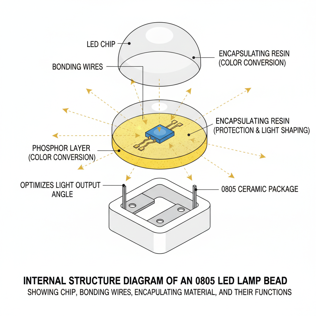 0805 LED灯珠内部结构图,展示芯片、引线、封装材料及作用。