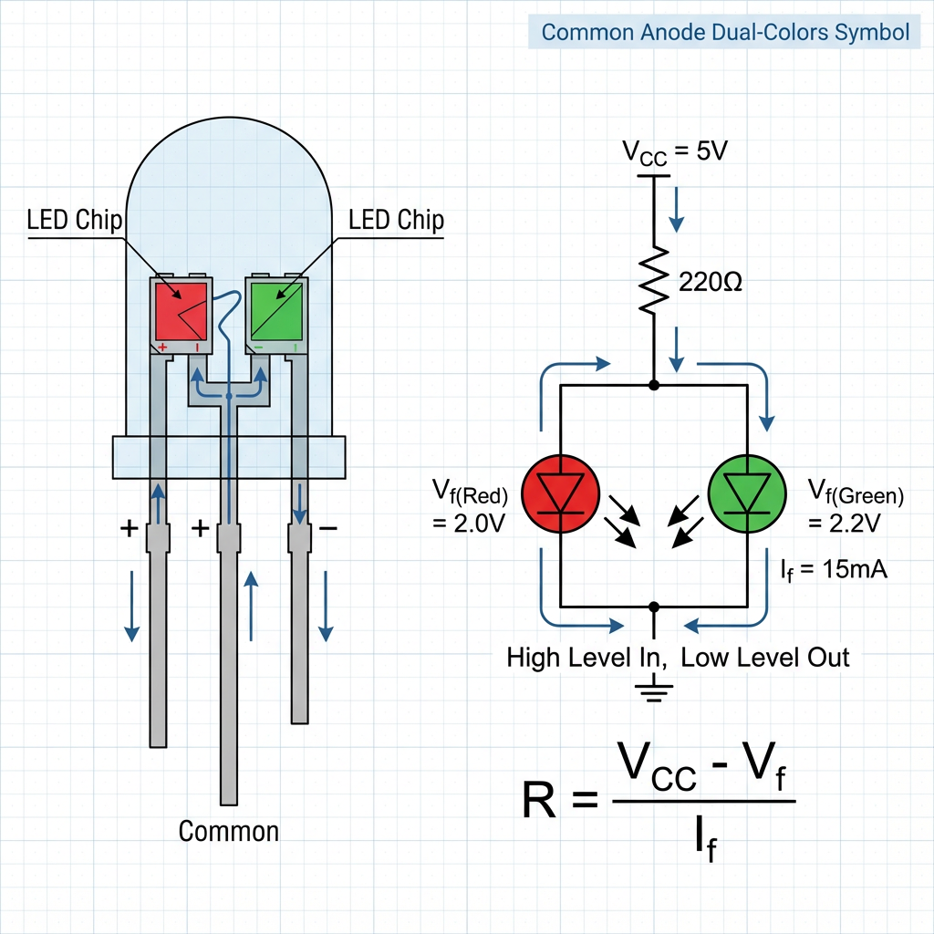共阳极双色LED内部逻辑结构与标准电路符号图，标注限流电阻计算公式R = (VCC - Vf) / If及相关电压电流参数。