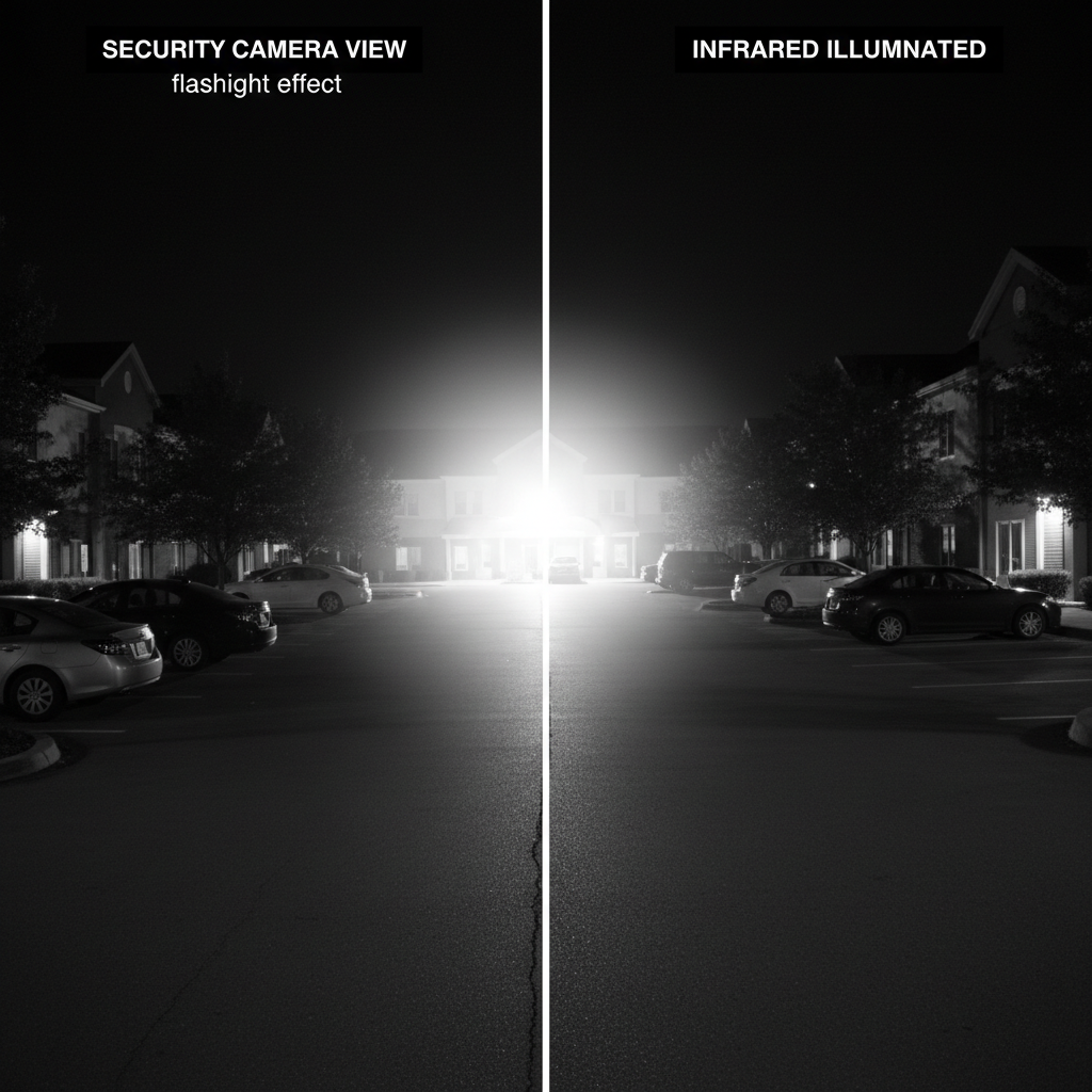 黑暗停车场监控画面的对比,左侧显示低质量红外补光造成的中心过曝边缘模糊的“手电筒效应”,右侧则展现高精度红外补光下画面均匀清晰,突出监控级精度的重要性。