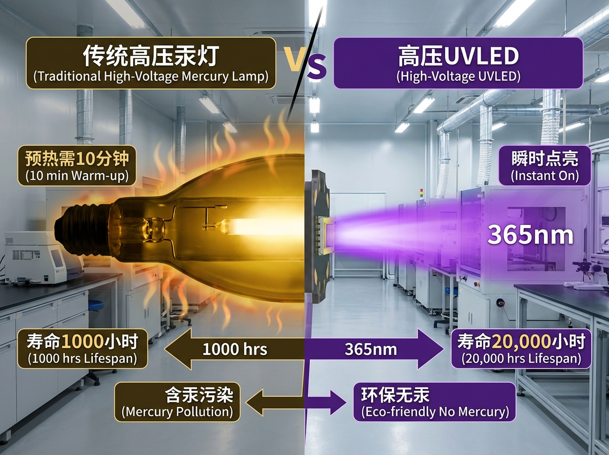 一张对比高压UVLED灯珠与传统高压汞灯的横向信息图。左侧画面呈现一个笨重的、发热严重的传统汞灯管，周围散发着暗黄色的杂光和热浪，标注着'预热需10分钟'、'寿命1000小时'、'含汞污染'；右侧画面呈现一颗紧凑的高压UVLED，瞬间点亮并发出集中的365nm紫色冷光源，标注着'瞬时点亮'、'寿命20,000小时'、'环保无汞'。中间用明显的对比线条分隔，数据直观对比，背景为简洁的实验室或工厂车间环境。