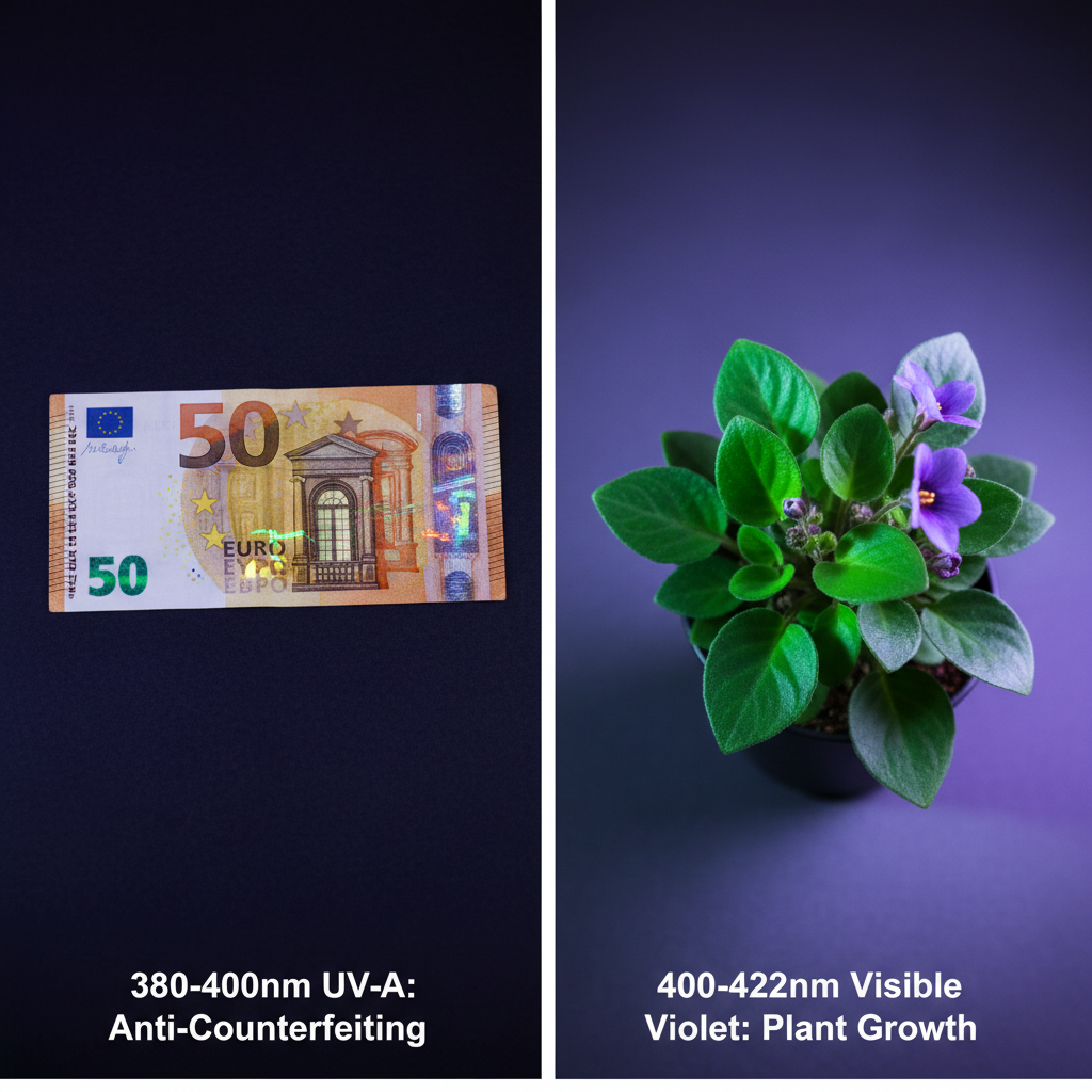 不同波长紫光LED应用效果对比:380-400nm用于钞票防伪荧光显示,400-420nm用于植物补光。