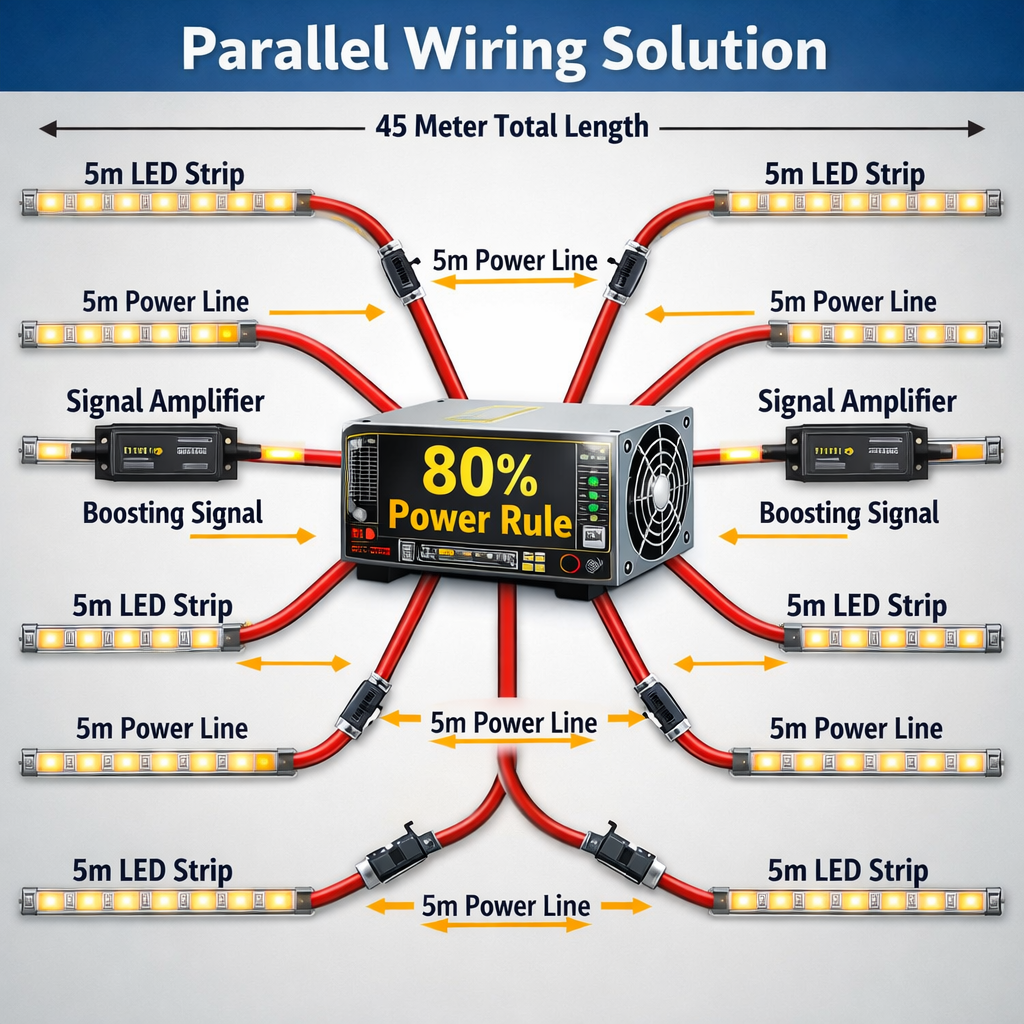图解45米长距离5050灯带的并联供电和信号放大器应用，中心是一个高功率电源，以防止电压降，确保亮度均匀。