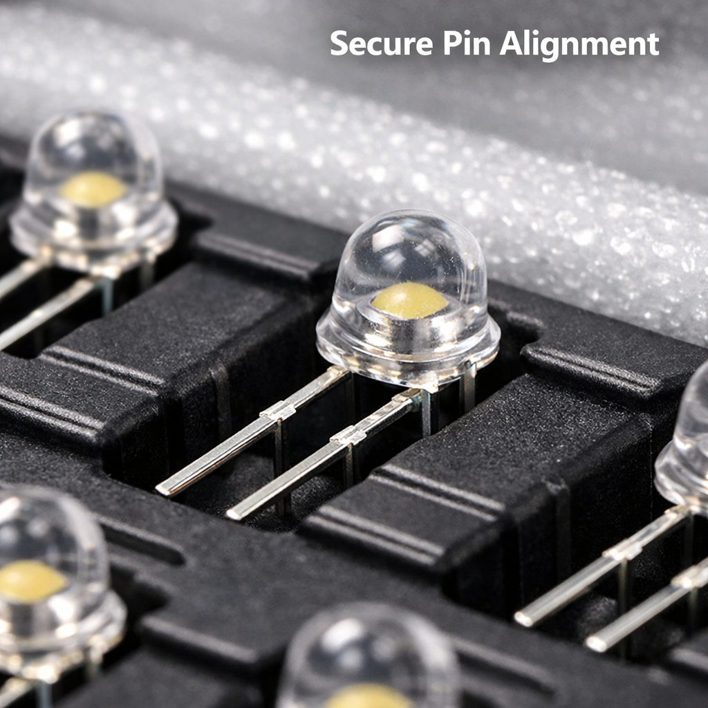 近距离侧拍多颗LED灯珠精确放置在定制黑色防静电吸塑托盘凹槽内，引脚笔直且互不接触，背景隐约可见EPE珍珠棉，展示“Secure Pin Alignment”的物理保护细节。