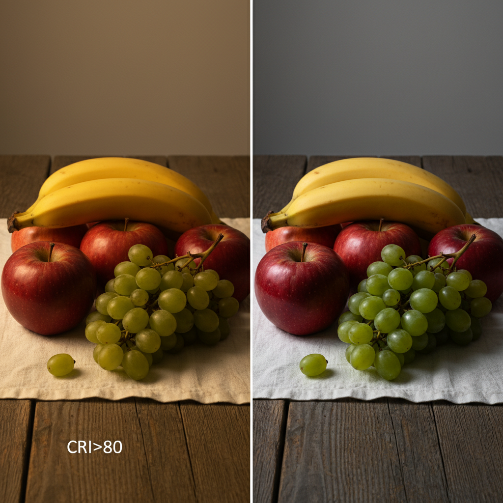 左右对比图:左侧在低显色指数光源下,水果颜色暗淡饱和度低;右侧在高显色指数光源下,水果颜色鲜艳逼真。
