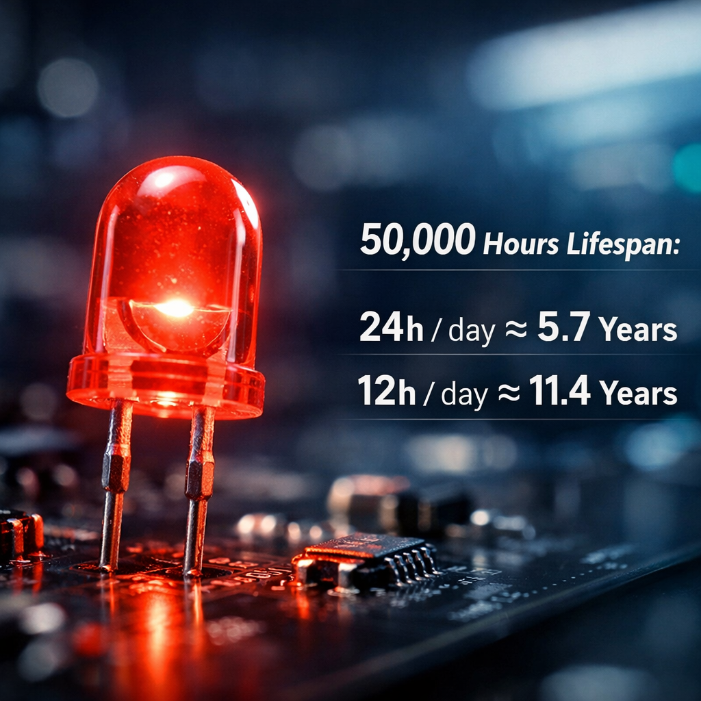 发光的红色直插LED灯珠及其50,000小时寿命换算，展示不同工作时长下的使用年限，例如24小时工作约5.7年