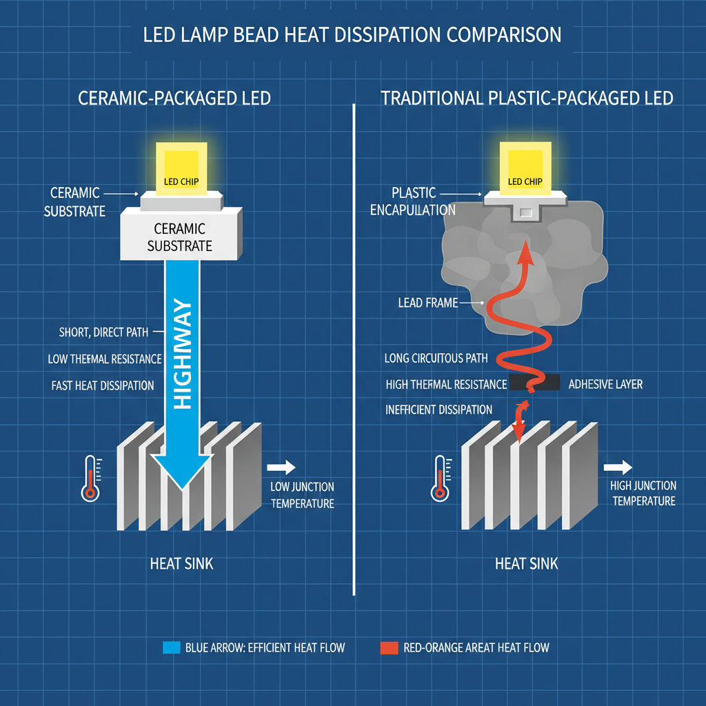 陶瓷封装与塑封LED散热性能对比图表，展示热量传导路径差异及热阻、结温等关键参数。