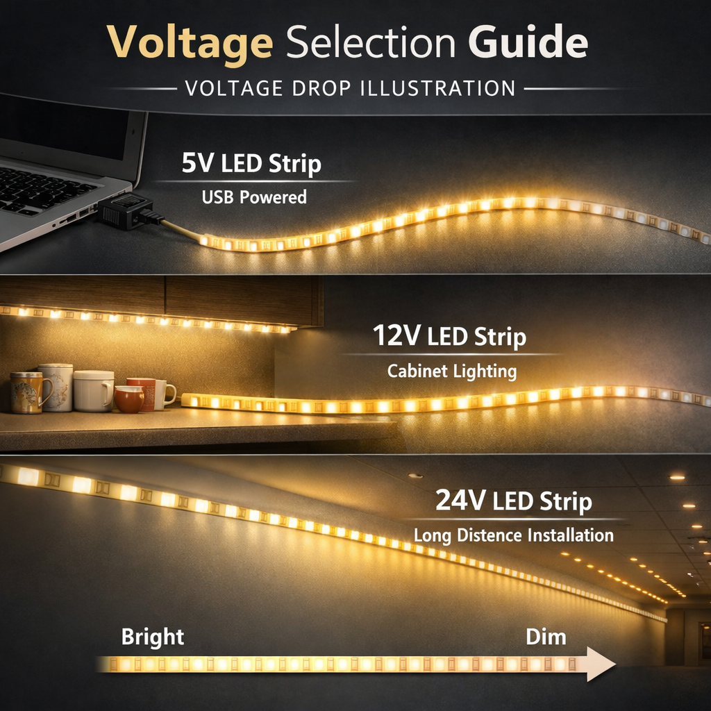 5V、12V和24V 5050灯带的对比示意图，展示了不同电压规格的适用场景及电压降对亮度的影响。