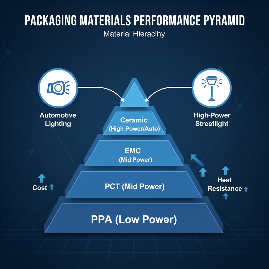 LED封装材料性能金字塔示意图，从PPA、PCT到EMC和陶瓷，展示耐热性、成本和应用场景的递增。