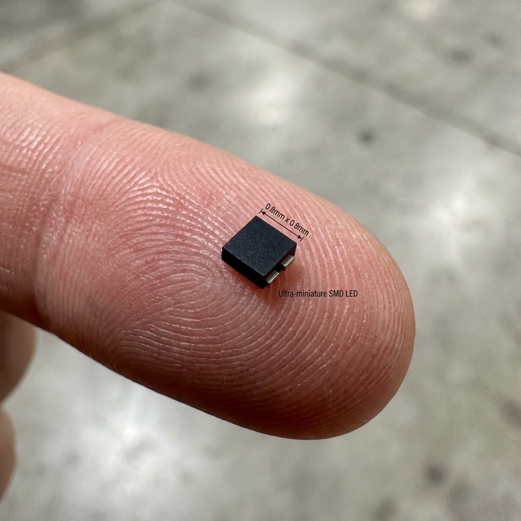 0808RGB灯珠微距图，展示其0.8mm x 0.8mm的超小尺寸，放置在指尖上，对比指纹纹理。黑面封装强调其高对比度特性，并有尺寸标注。