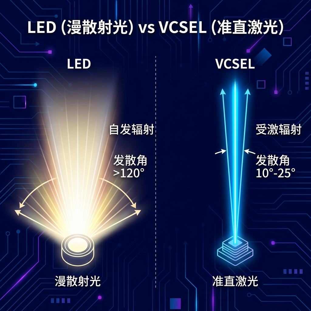 VCSEL与LED发光特性对比图：VCSEL呈准直激光状，LED呈漫散射光状，形象展现两者在光束发散角和发光机理上的核心差异