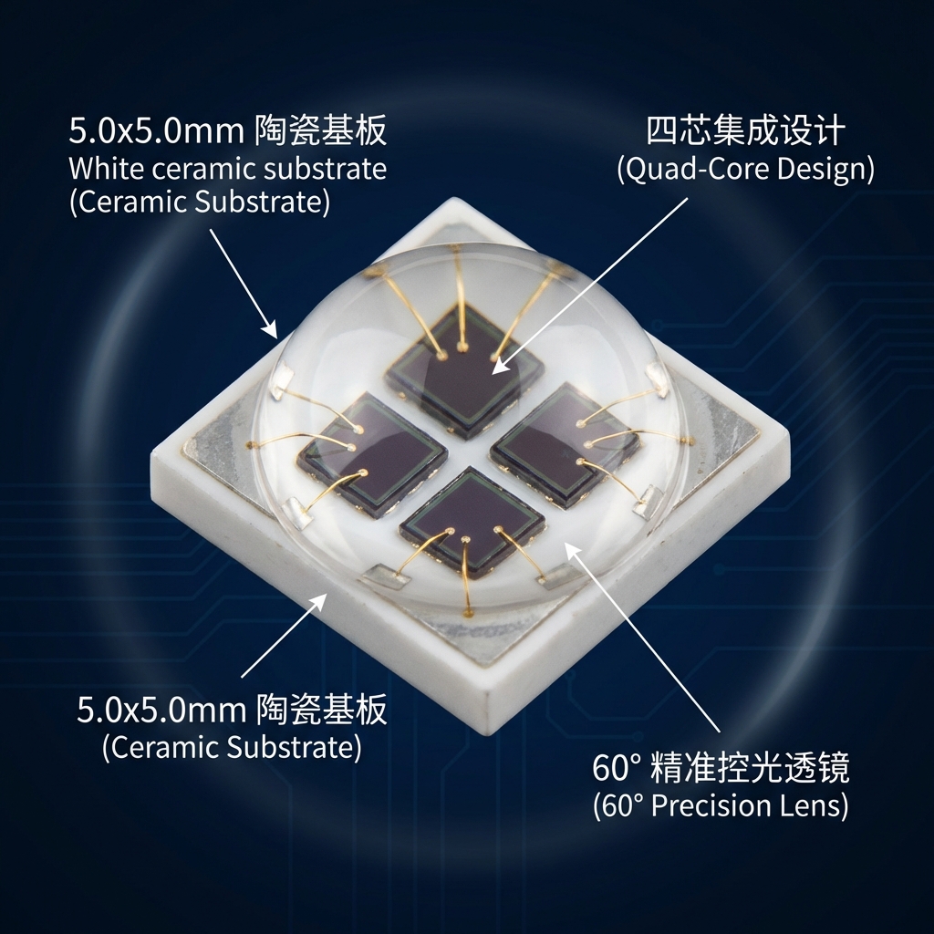 5050陶瓷凸头红外灯珠的工业微距摄影，显示其5.0x5.0mm陶瓷基板、四芯集成设计和60度精准控光透镜，背景为科技感的深蓝色。