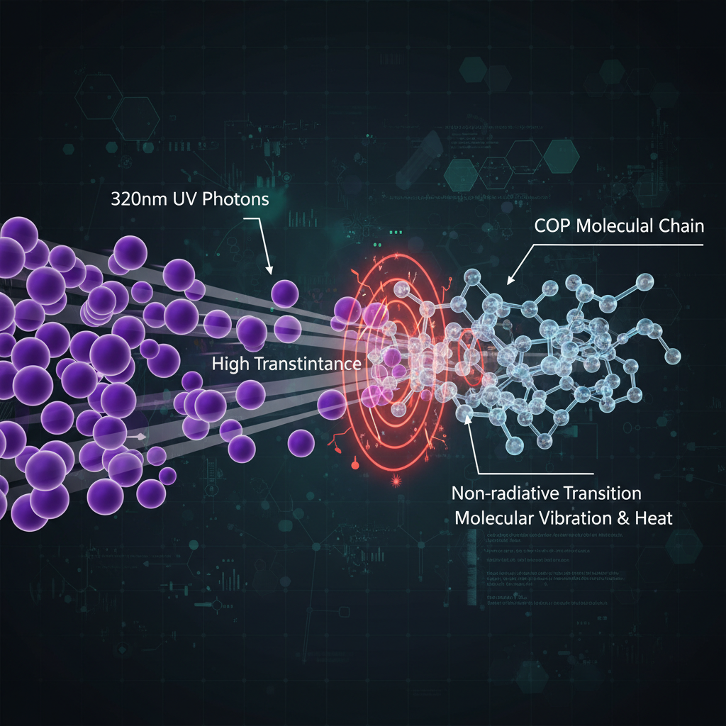 320nm UV光子与COP材料分子相互作用及非辐射跃迁引起分子振动生热的微观原理示意图