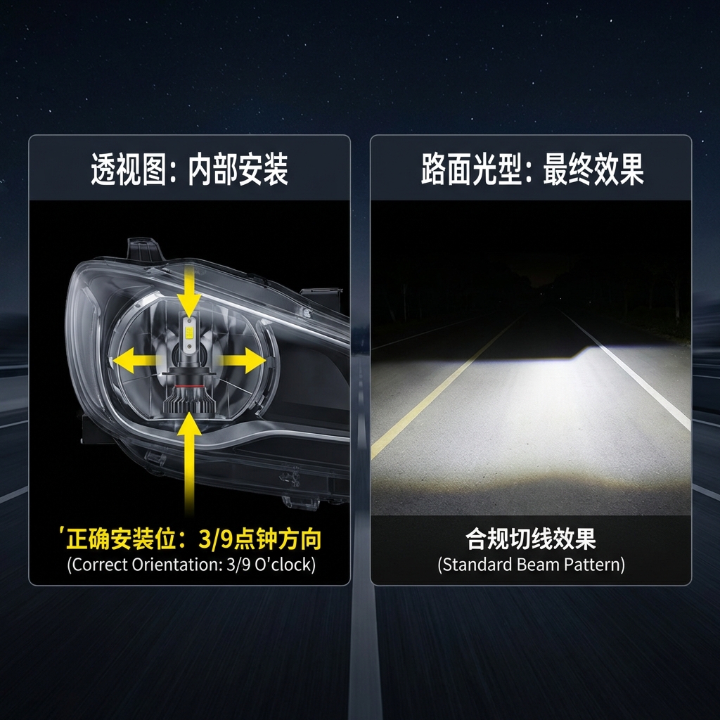汽车LED灯珠正确安装位置与光型效果对比图，强调灯珠朝向3点和9点方向可形成清晰的明暗截止线，确保合规与安全。