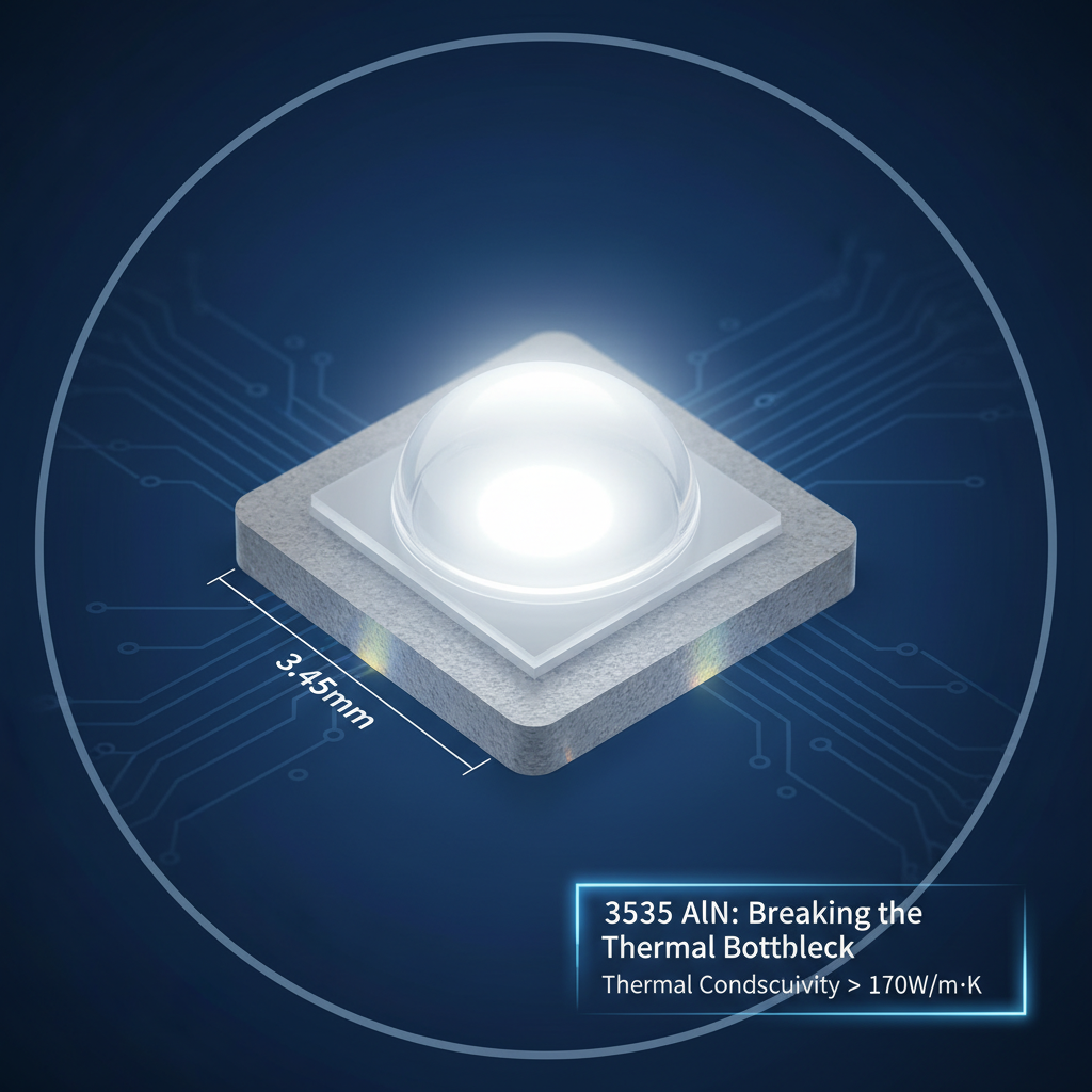 3535氮化铝(AlN)大功率灯珠特写,底部为淡灰色氮化铝陶瓷基板,上方硅胶透镜下方的芯片发出冷白光,背景是科技蓝色调的PCB纹理,标注‘3535 AlN: 突破散热瓶颈’及‘热导率 > 170W/m·K’