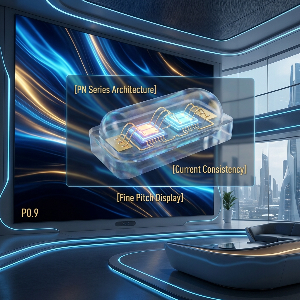 科技感十足的高端会议室，小间距LED大屏播放艺术短片，并以半透明浮窗展示PN串联灯珠微观剖面，强调电流一致性带来的极致色彩均匀度。