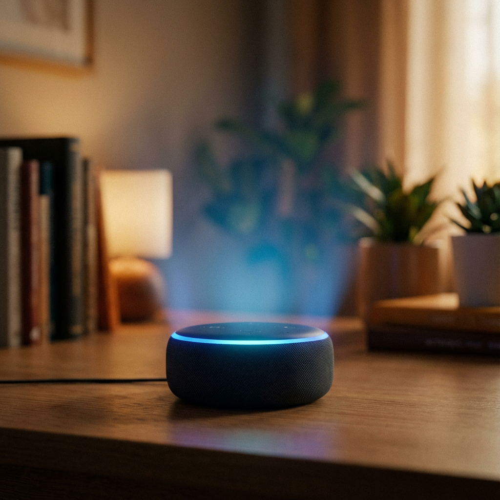 智能音箱顶部环形RGB灯带发出柔和蓝色呼吸光效，光晕扩散，背景模糊居家环境，表达设备与人的“悄悄话”和RGB灯光的交互情绪。