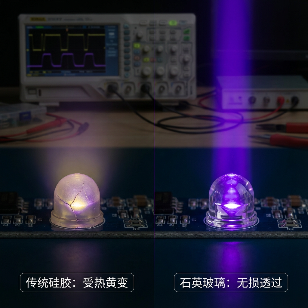 传统硅胶透镜在紫外线照射下黄变，而石英玻璃透镜保持透明，光线集中，展现了两种材料在紫外线耐受性上的巨大差异。