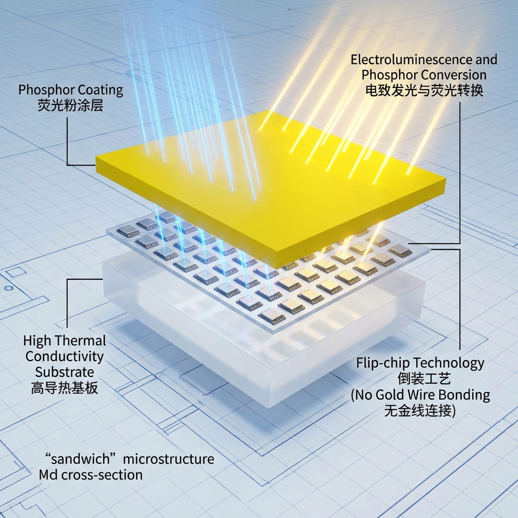 陶瓷灯丝精密3D结构拆解图，展示高导热基板、倒装芯片技术和荧光粉涂层，并用蓝黄线条示意光转换过程。