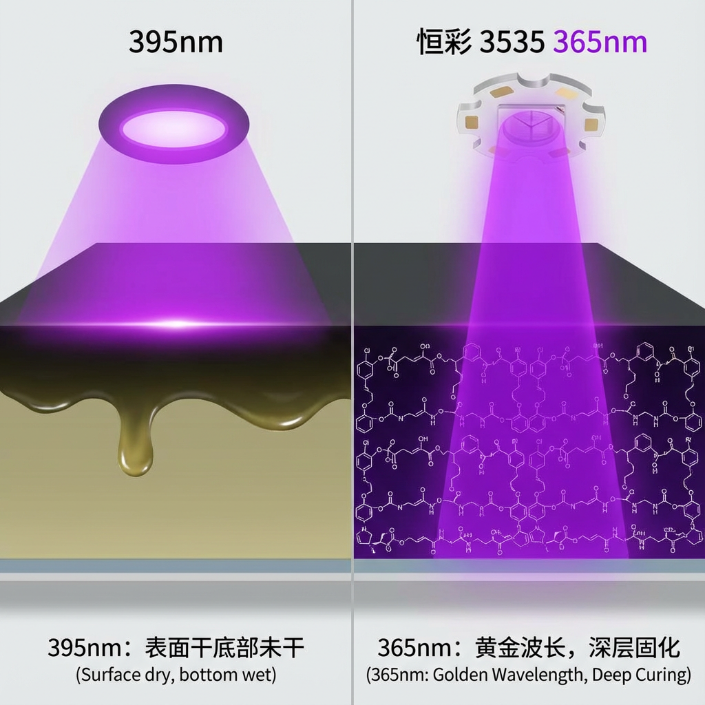 365nm与395nm波长在厚层涂料中穿透力对比示意图
