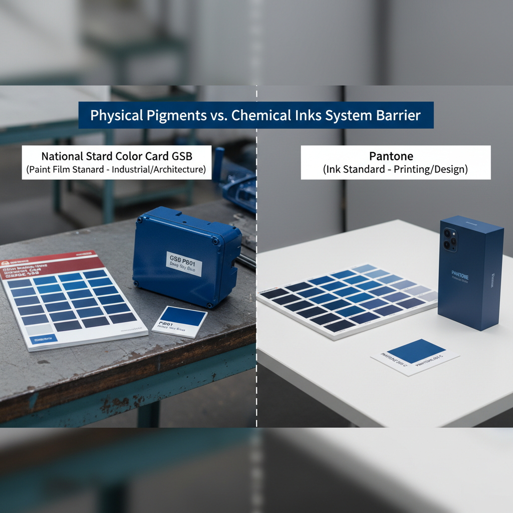 国标色卡GSB与Pantone系统在工业制造与设计中的本质区别，强调漆膜标准与油墨标准在材质覆盖力上的差异。