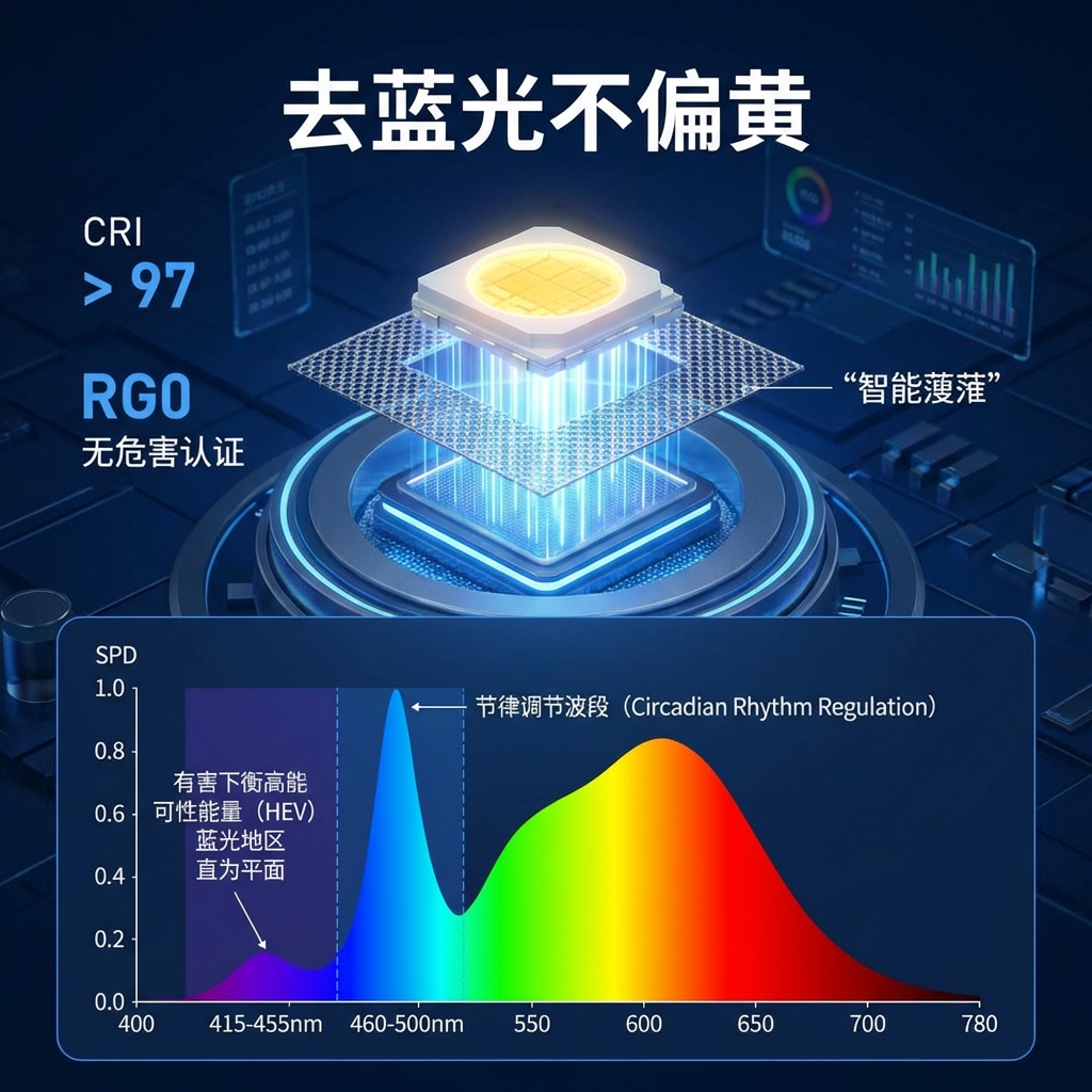 3D光谱功率分布示意图：展示有害蓝光(415-455nm)被削峰，有益蓝光(460-500nm)波段保留，实现全光谱‘去蓝光不偏黄’