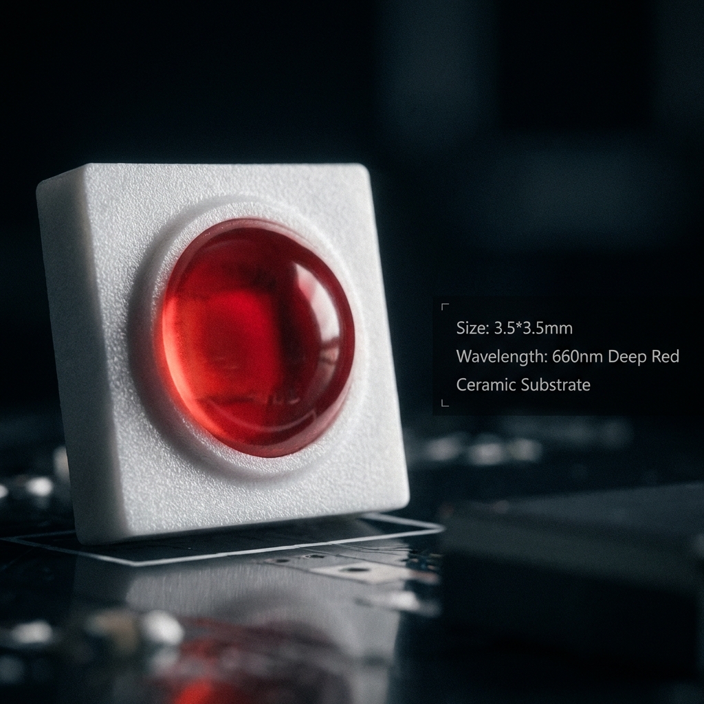 3535陶瓷660NM灯珠特写，展示其尺寸、波长与陶瓷基板特性