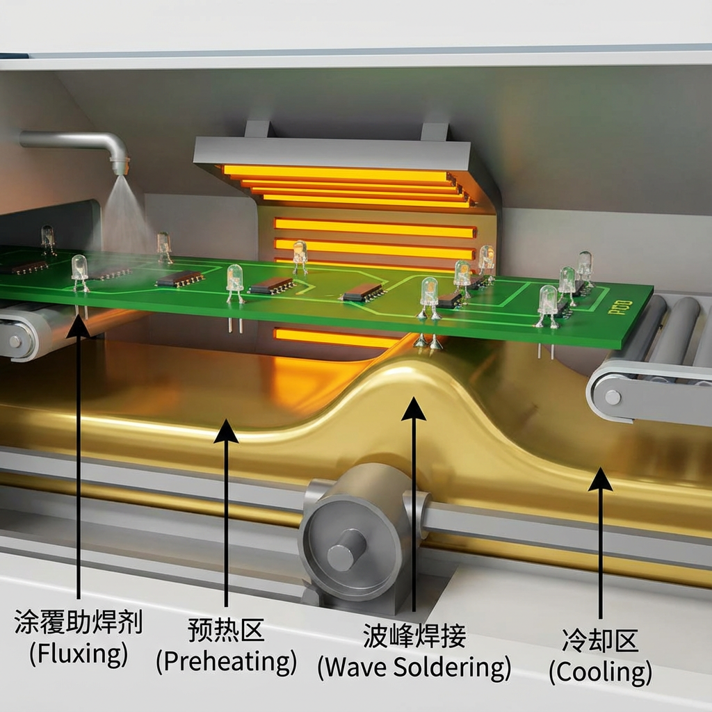 波峰焊机内部横截面示意图，展示熔融锡波形成锡峰，PCB板搭载LED引脚穿过锡峰完成焊接，并标注助焊剂、预热、波峰焊接和冷却四个关键步骤。
