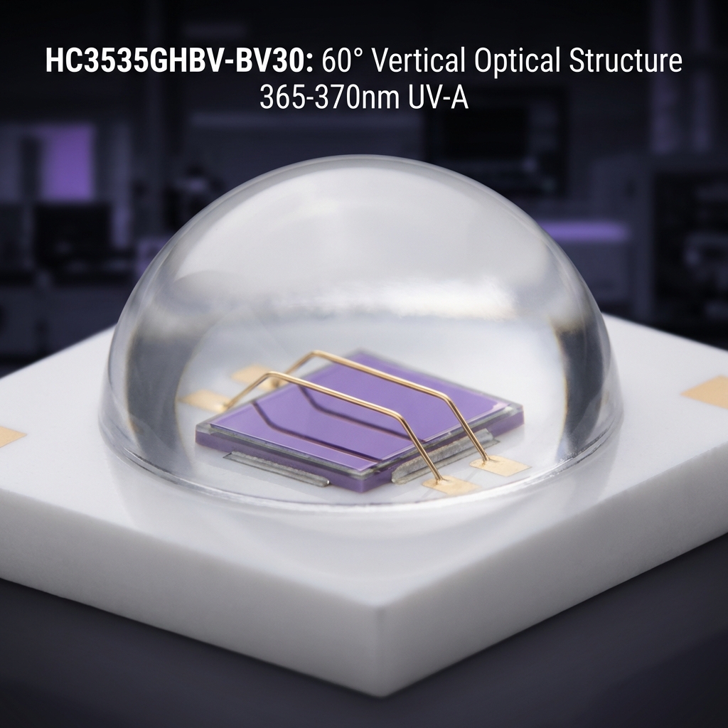 HC3535GHBV-BV30垂直发光紫光灯珠特写：3535陶瓷基板、60°石英玻璃透镜与双金线焊接结构，展示365-370nm UV-A高科技感设计。