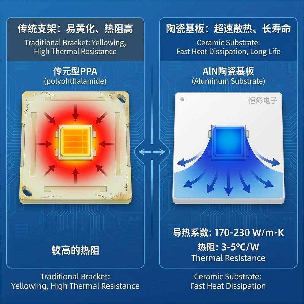 陶瓷基板与传统支架热管理对比，显示陶瓷基板（氮化铝）具有超速散热、低热阻和长寿命的优势，而传统支架易黄化、热阻高