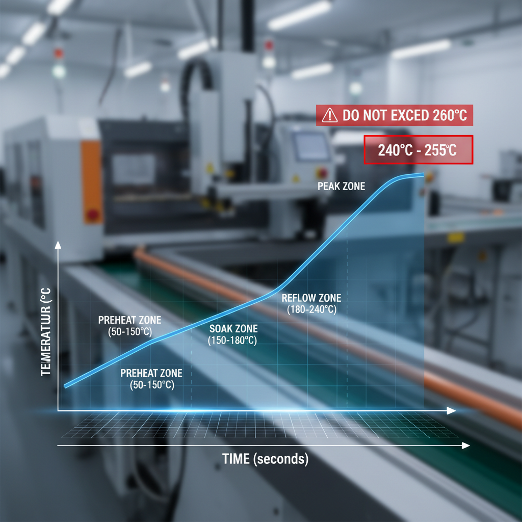 专业回流焊温度曲线图，清晰标示预热、恒温、回流和峰值区，并强调峰值温度240℃-255℃，禁止超过260℃