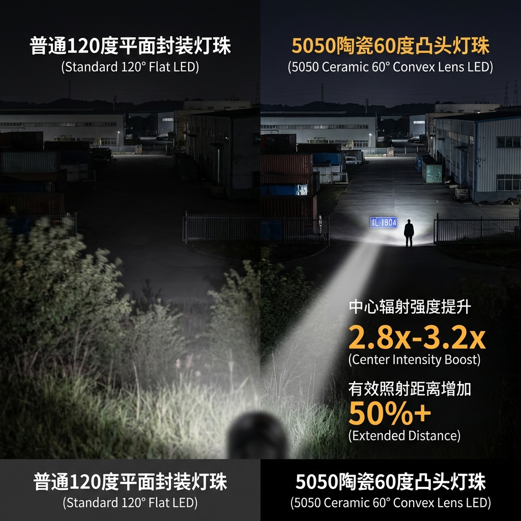 应用场景图对比60度凸头透镜和普通120度平面封装的光学效果。左侧显示普通灯珠光线发散，右侧显示60度凸头灯珠光束集中，清晰照亮远距离目标，并标注中心辐射强度和有效照射距离的提升数据。