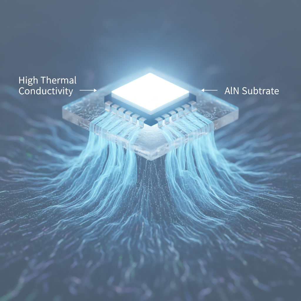 高功率LED芯片在氮化铝AlN基板上，通过ALN真空技术实现高效散热，如同为芯片穿上“空调衣”。