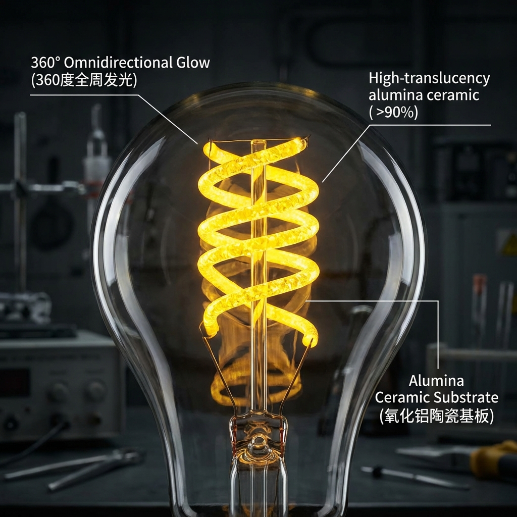 一根正在通电发光的黄色陶瓷灯丝，置于透明复古灯泡中，展现360度全周发光和氧化铝陶瓷基板的晶莹质感。