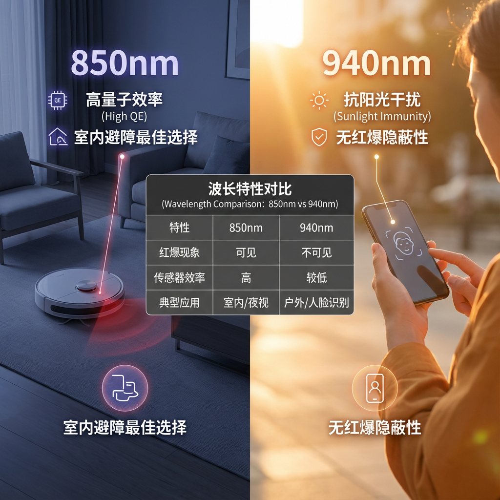850nm与940nm波长在ToF相机应用中的对比图,室内场景850nm扫地机,户外场景940nm手机人脸识别,强调各自优势。