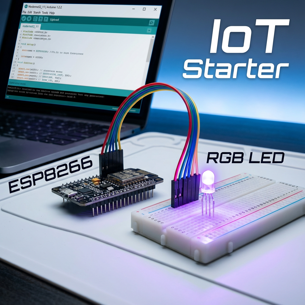 ESP8266开发板与RGB LED连接,点亮炫彩紫色光芒,背景可见Arduino IDE,展现从零开始物联网开发的兴奋感。